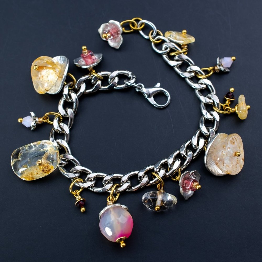 Chunky colorful charm silver chain bracelet, pink gemstone bead dangle bracelet